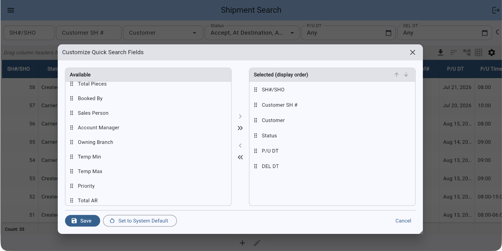SmartSCM Customize Quick Search Fields dialog showing available fields and selected fields in display order